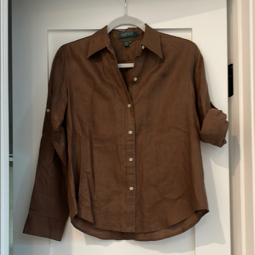 Lauren Ralph Lauren 100% Linen Brown Casual Button Down Shirt